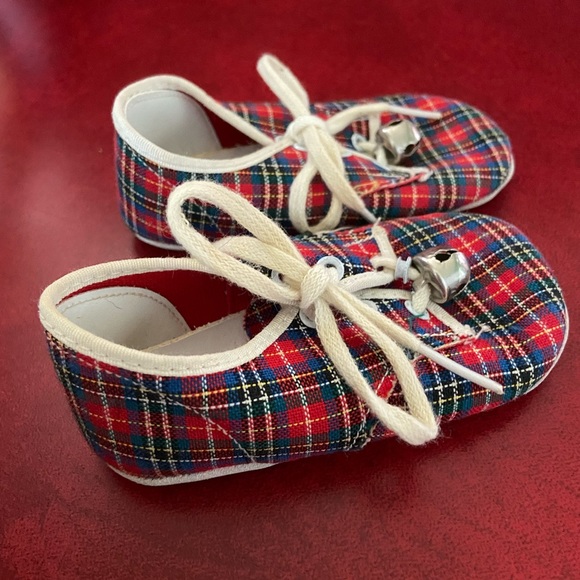 Vintage Canvas Baby Toddler Shoes blue red plaid & Laces Barefoot minimalist - Picture 2 of 5